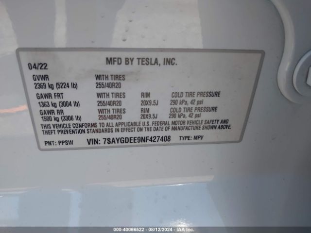 Photo 8 VIN: 7SAYGDEE9NF427408 - TESLA MODEL Y 