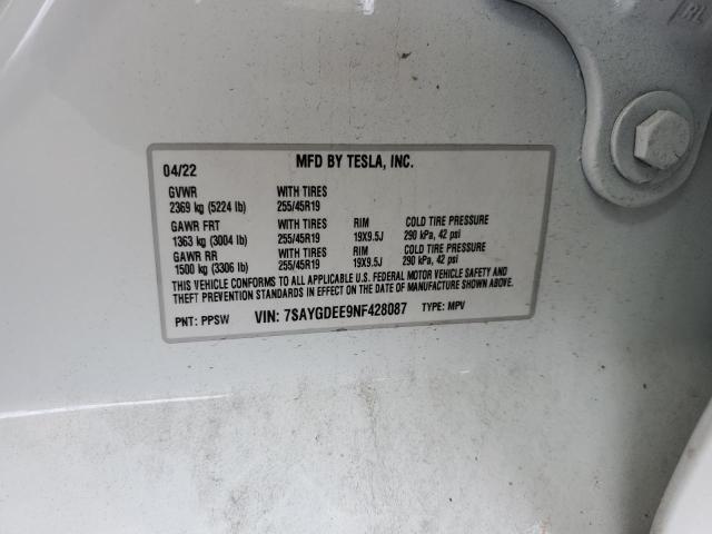 Photo 12 VIN: 7SAYGDEE9NF428087 - TESLA MODEL Y 