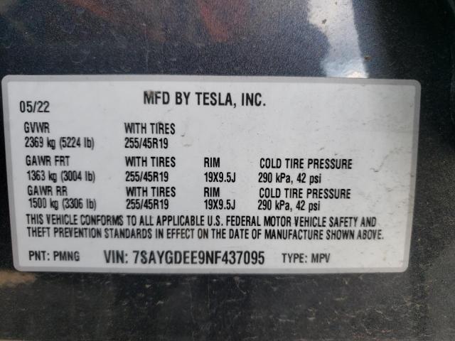 Photo 12 VIN: 7SAYGDEE9NF437095 - TESLA MODEL Y 