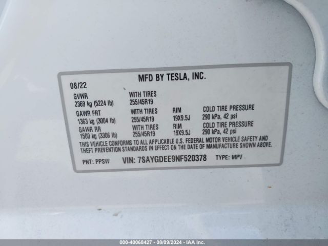 Photo 8 VIN: 7SAYGDEE9NF520378 - TESLA MODEL Y 