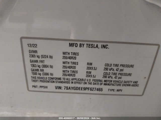 Photo 8 VIN: 7SAYGDEE9PF627465 - TESLA MODEL Y 