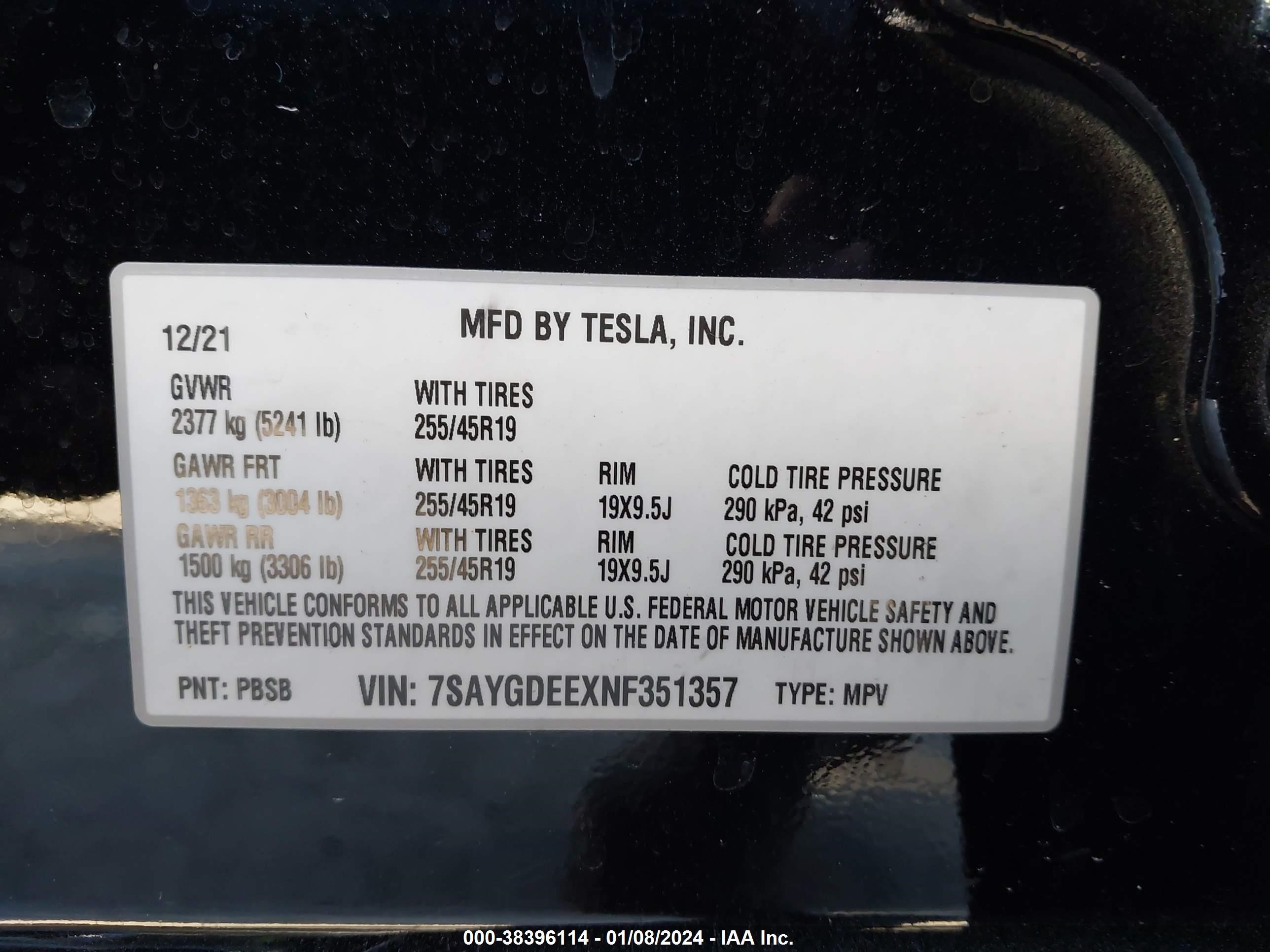 Photo 7 VIN: 7SAYGDEEXNF351357 - TESLA MODEL Y 