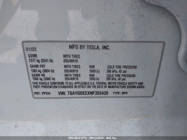 Photo 8 VIN: 7SAYGDEEXNF355439 - TESLA MODEL Y 