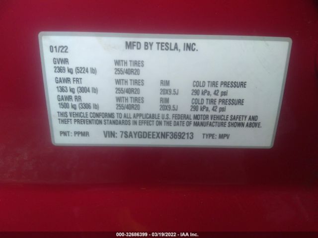 Photo 8 VIN: 7SAYGDEEXNF369213 - TESLA MODEL Y 