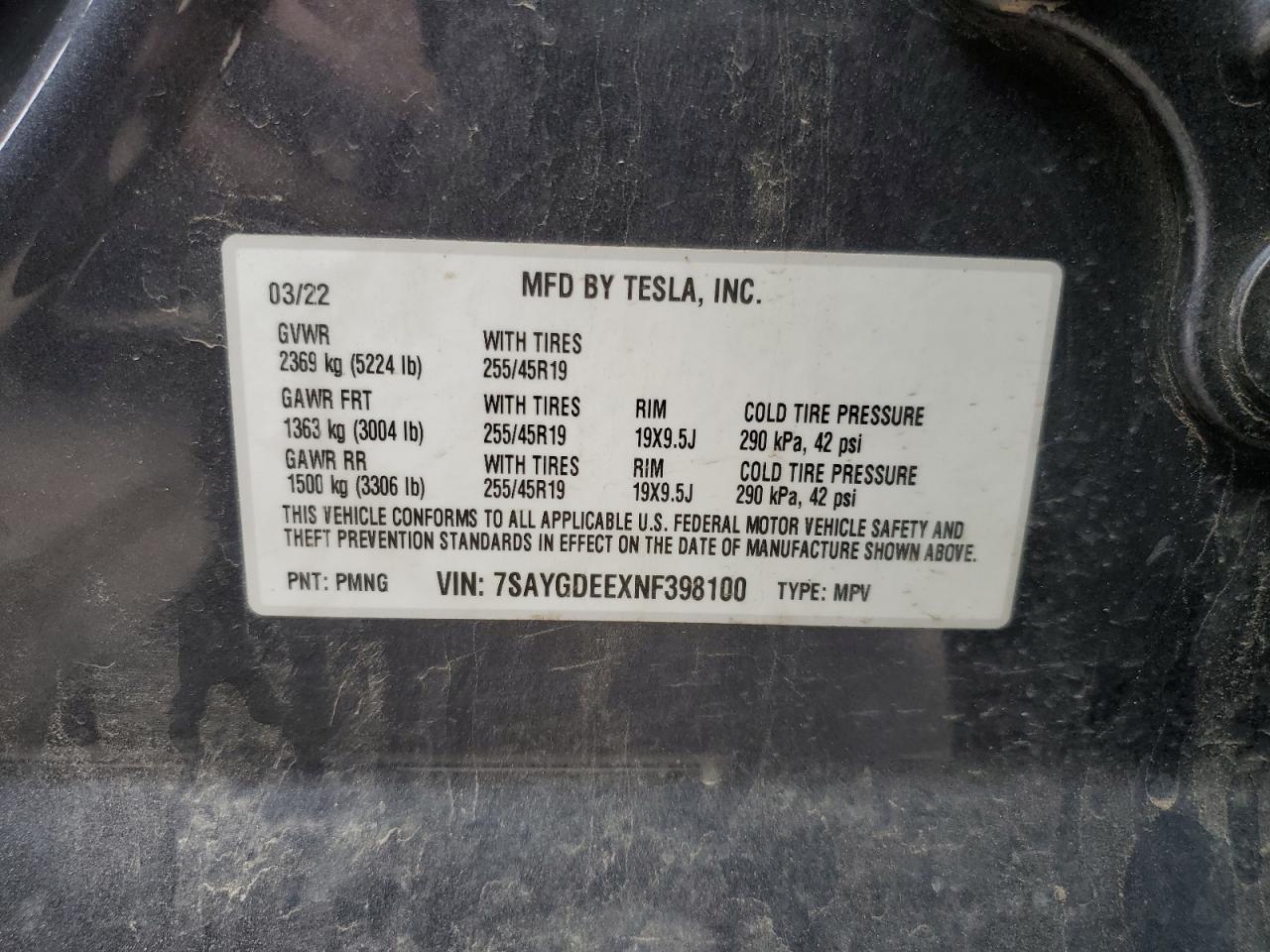 Photo 12 VIN: 7SAYGDEEXNF398100 - TESLA MODEL Y 