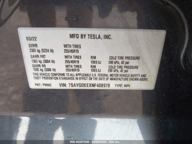 Photo 8 VIN: 7SAYGDEEXNF408978 - TESLA MODEL Y 