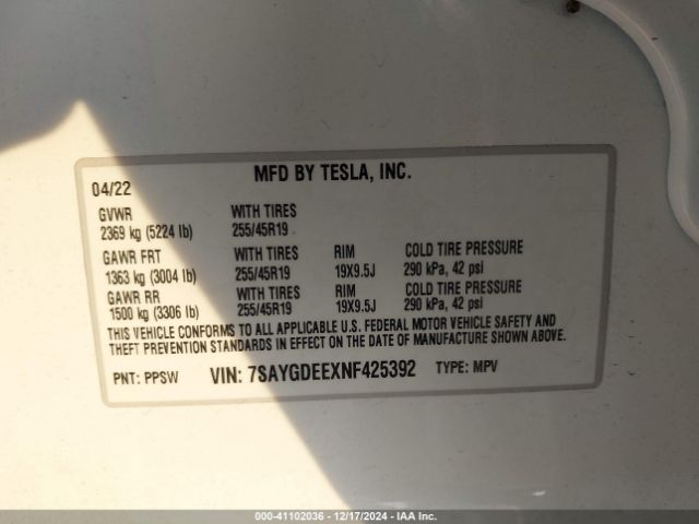 Photo 8 VIN: 7SAYGDEEXNF425392 - TESLA MODEL Y 