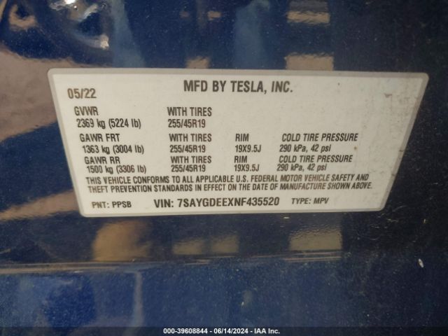 Photo 8 VIN: 7SAYGDEEXNF435520 - TESLA MODEL Y 