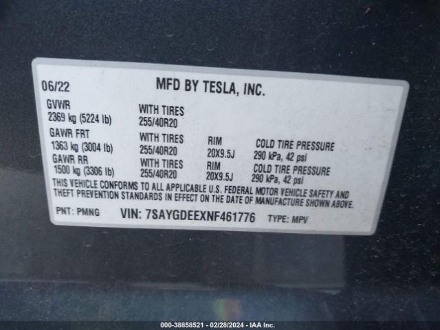 Photo 8 VIN: 7SAYGDEEXNF461776 - TESLA MODEL Y 