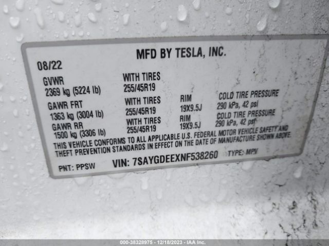 Photo 8 VIN: 7SAYGDEEXNF538260 - TESLA MODEL Y 