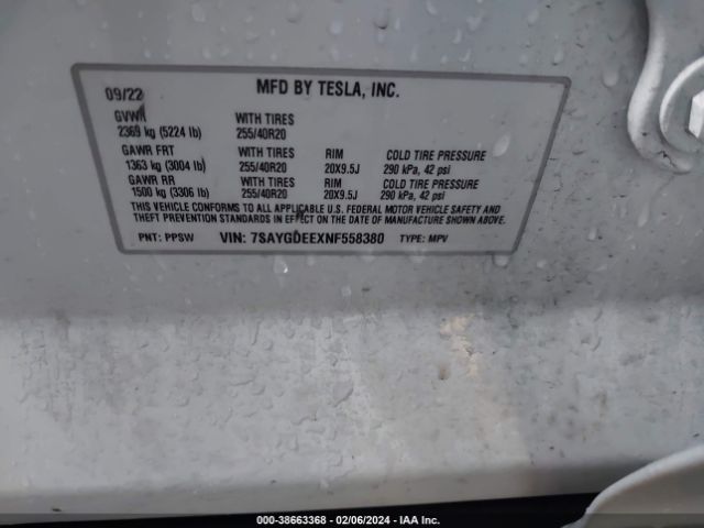 Photo 8 VIN: 7SAYGDEEXNF558380 - TESLA MODEL Y 