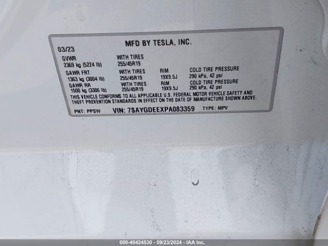 Photo 8 VIN: 7SAYGDEEXPA083359 - TESLA MODEL Y 