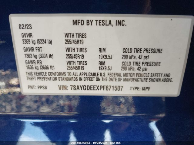 Photo 8 VIN: 7SAYGDEEXPF671507 - TESLA MODEL Y 