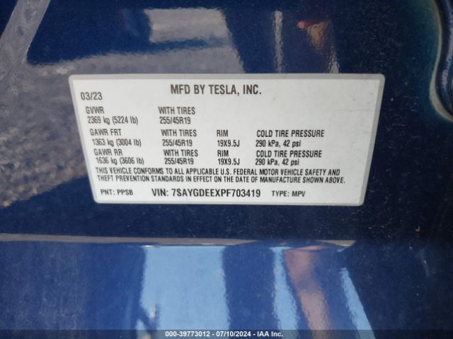 Photo 8 VIN: 7SAYGDEEXPF703419 - TESLA MODEL Y 