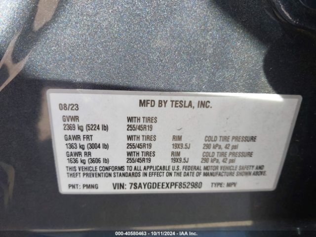 Photo 8 VIN: 7SAYGDEEXPF852980 - TESLA MODEL Y 