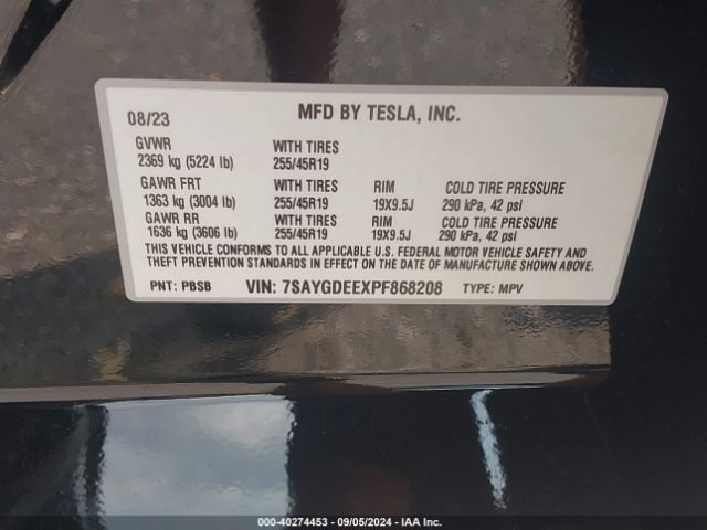 Photo 8 VIN: 7SAYGDEEXPF868208 - TESLA MODEL Y 