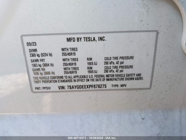 Photo 8 VIN: 7SAYGDEEXPF876275 - TESLA MODEL Y 