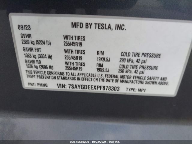 Photo 8 VIN: 7SAYGDEEXPF878303 - TESLA MODEL Y 