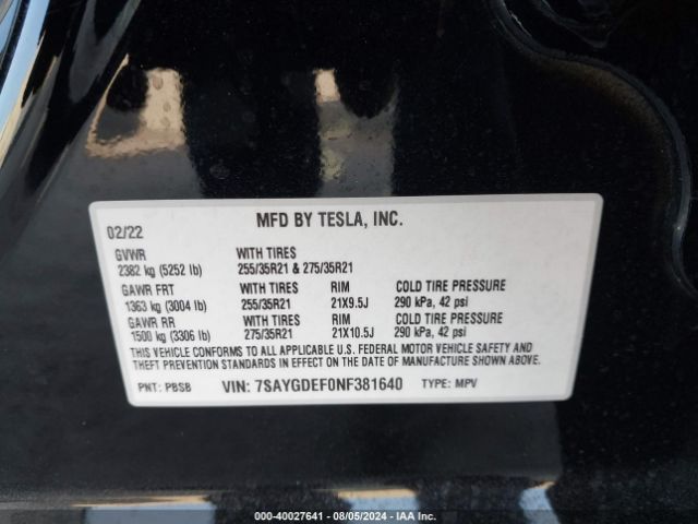 Photo 8 VIN: 7SAYGDEF0NF381640 - TESLA MODEL Y 