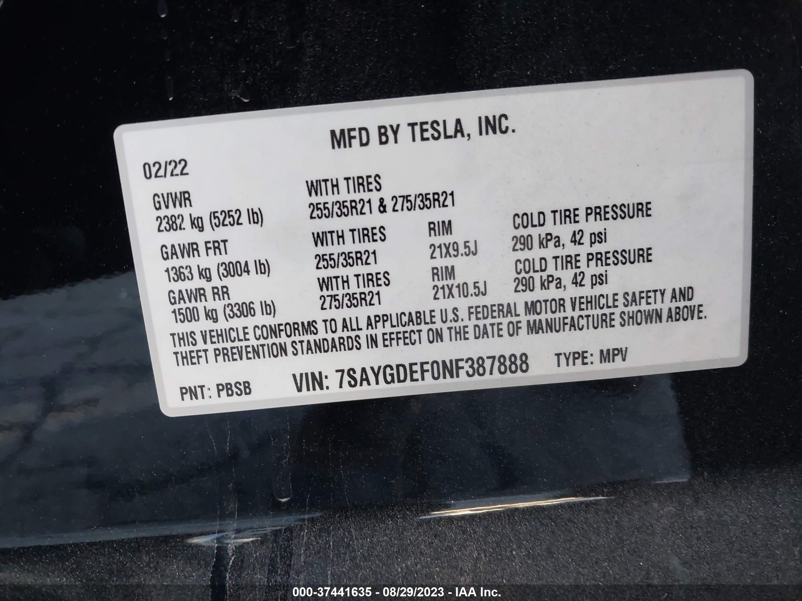 Photo 8 VIN: 7SAYGDEF0NF387888 - TESLA MODEL Y 