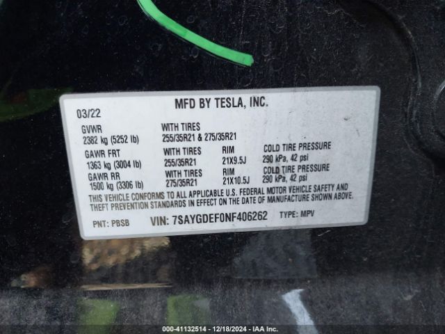 Photo 8 VIN: 7SAYGDEF0NF406262 - TESLA MODEL Y 