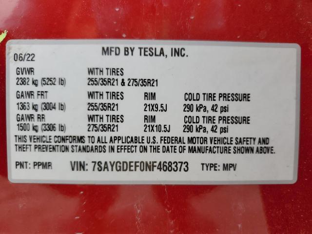 Photo 12 VIN: 7SAYGDEF0NF468373 - TESLA MODEL Y 