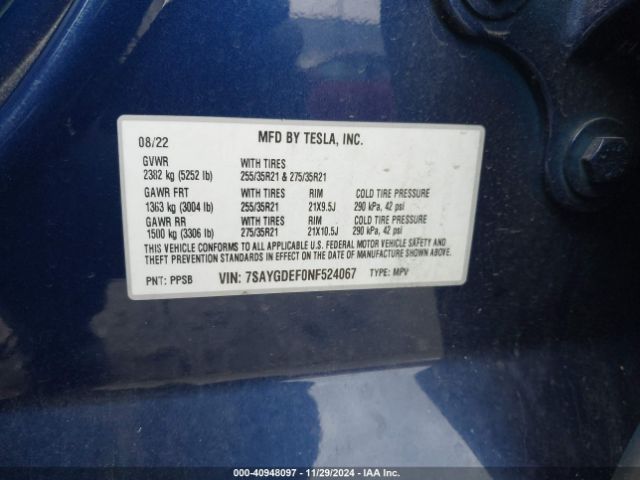 Photo 8 VIN: 7SAYGDEF0NF524067 - TESLA MODEL Y 