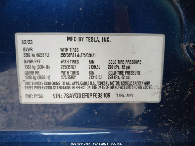 Photo 8 VIN: 7SAYGDEF0PF698109 - TESLA MODEL Y 