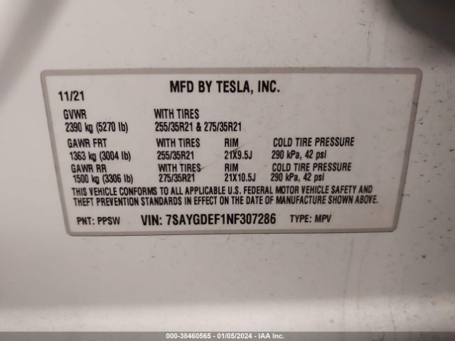 Photo 8 VIN: 7SAYGDEF1NF307286 - TESLA MODEL Y 