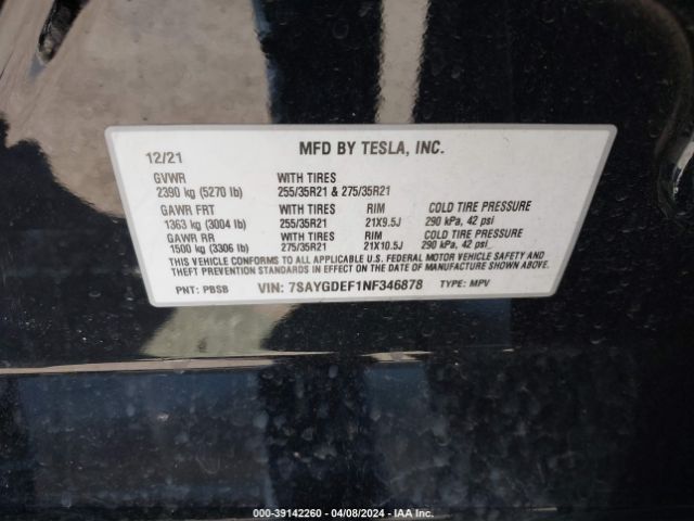 Photo 8 VIN: 7SAYGDEF1NF346878 - TESLA MODEL Y 