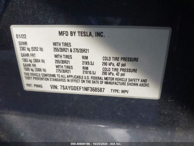 Photo 8 VIN: 7SAYGDEF1NF368587 - TESLA MODEL Y 