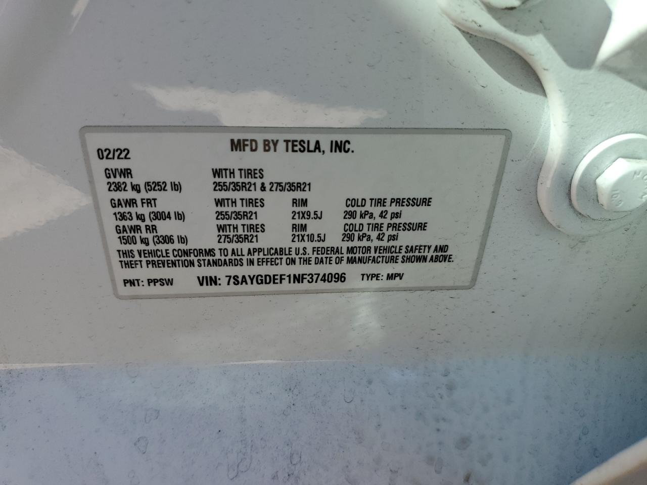 Photo 12 VIN: 7SAYGDEF1NF374096 - TESLA MODEL Y 