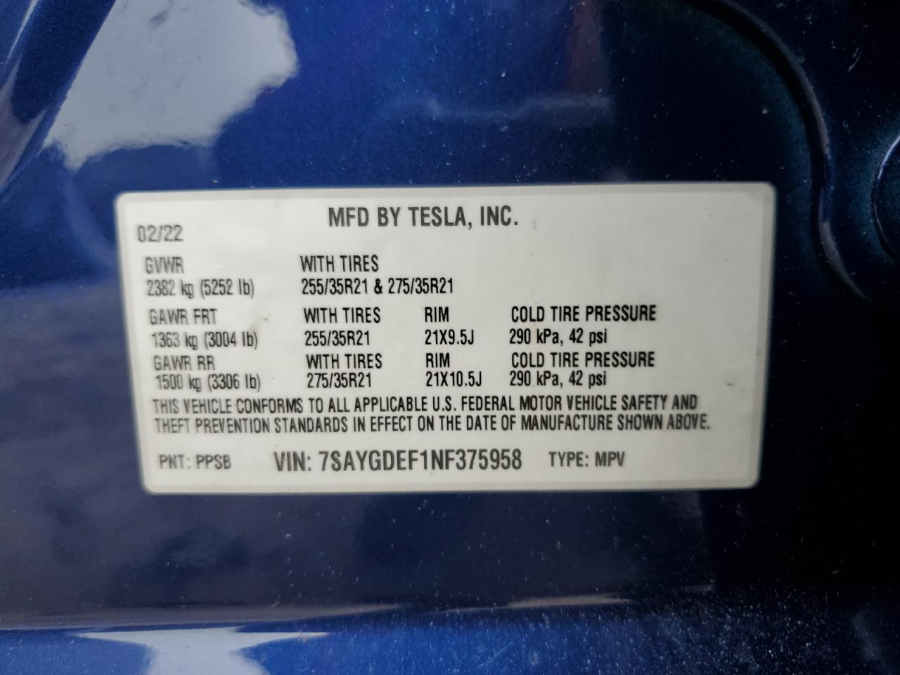 Photo 12 VIN: 7SAYGDEF1NF375958 - TESLA MODEL Y 