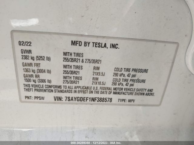 Photo 8 VIN: 7SAYGDEF1NF388578 - TESLA MODEL Y 