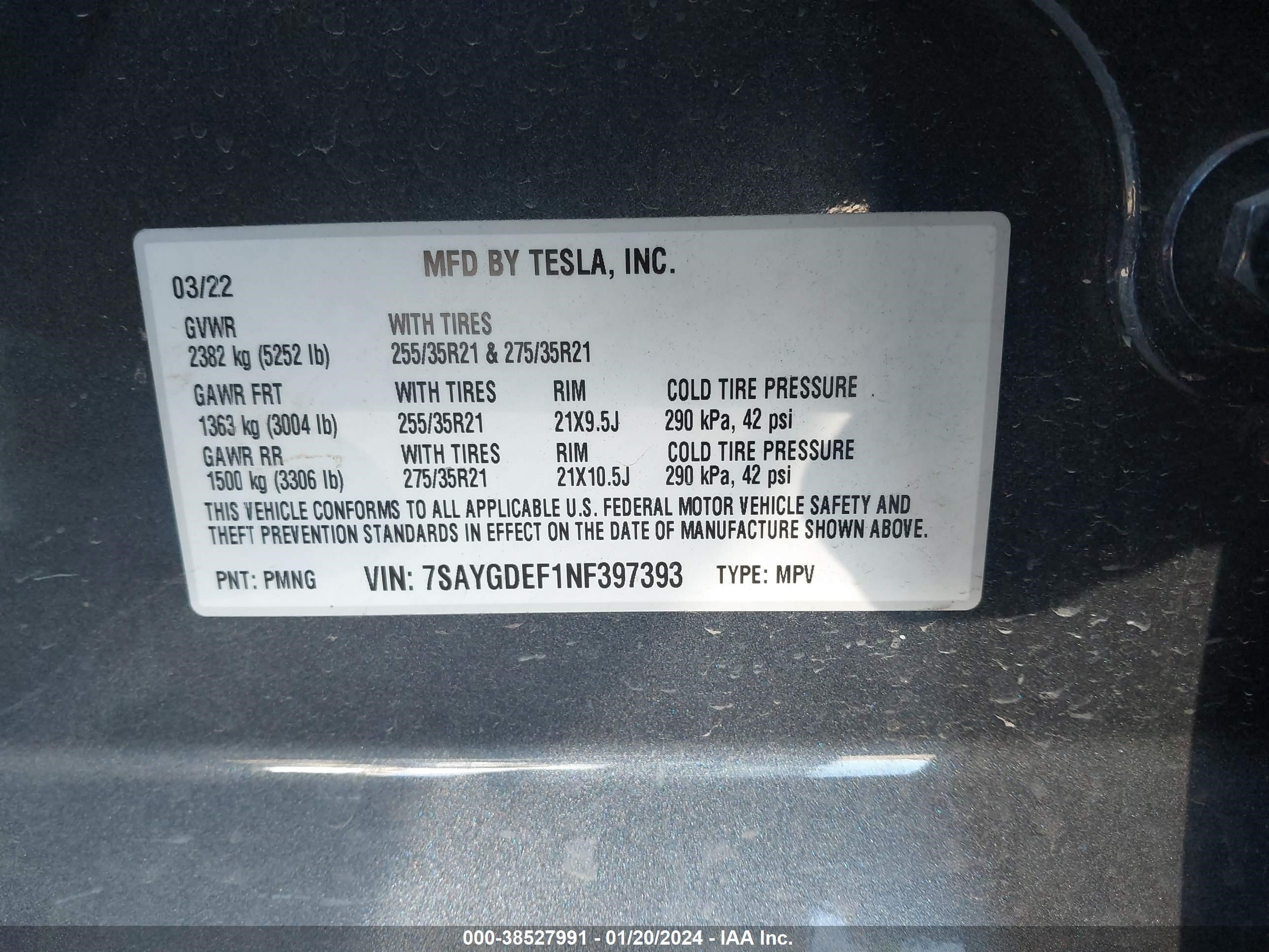 Photo 7 VIN: 7SAYGDEF1NF397393 - TESLA MODEL Y 