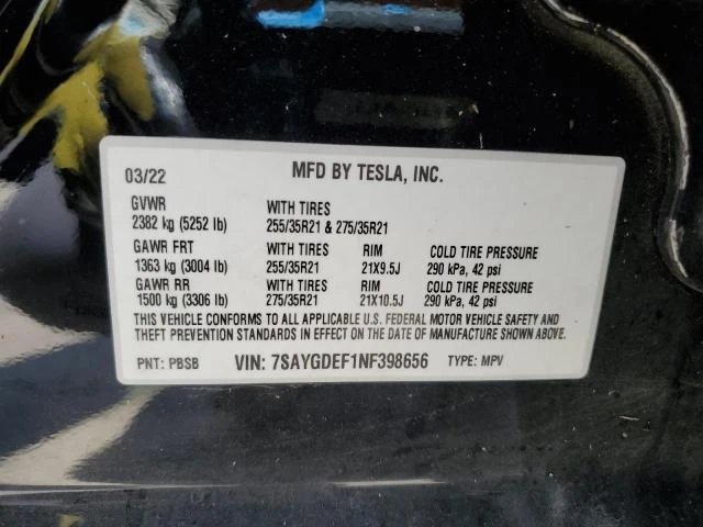 Photo 12 VIN: 7SAYGDEF1NF398656 - TESLA MODEL Y 