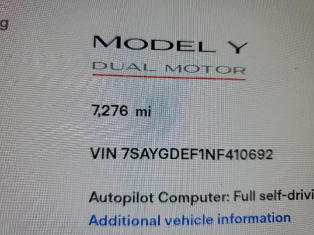 Photo 7 VIN: 7SAYGDEF1NF410692 - TESLA MODEL Y 