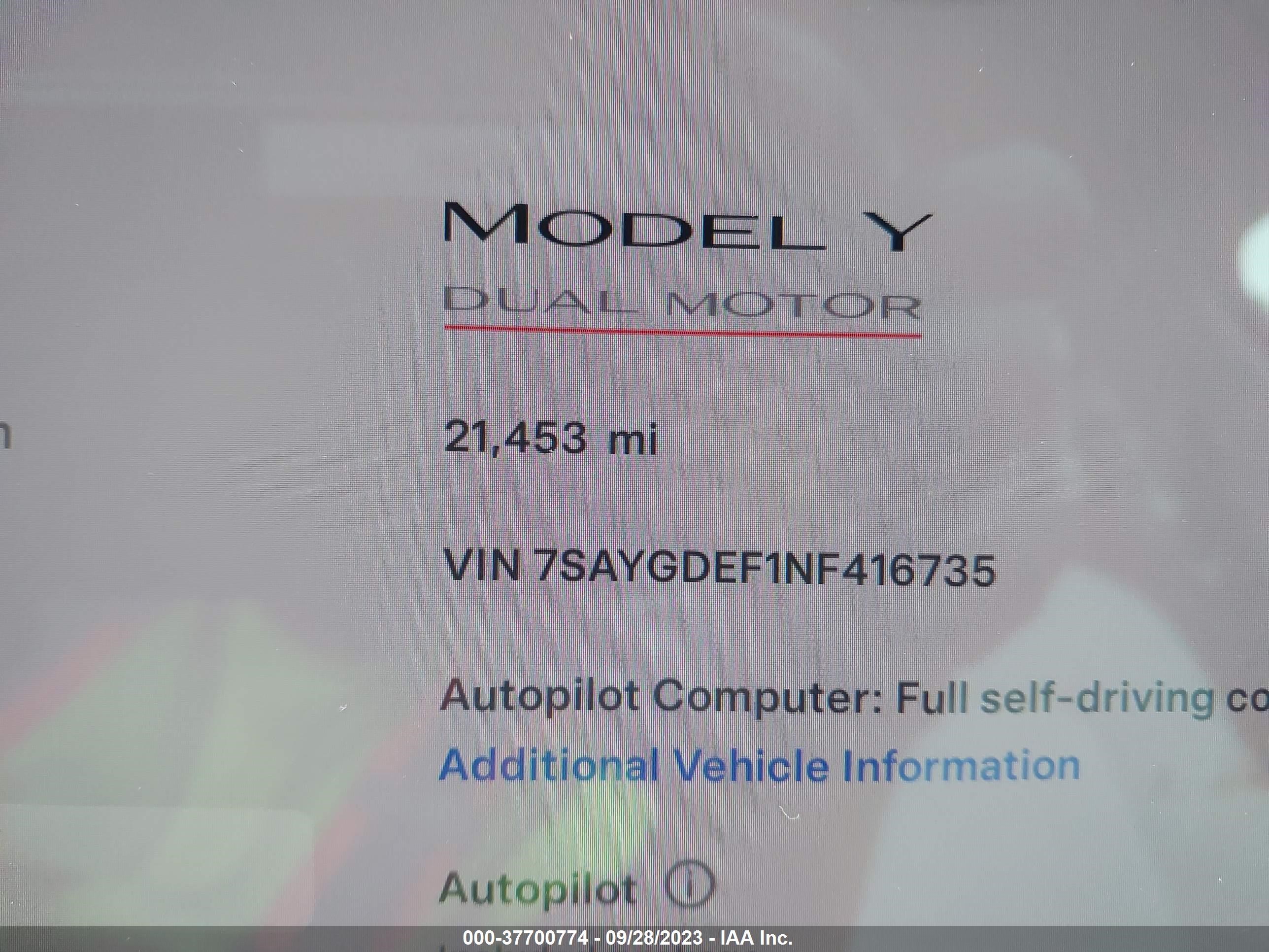 Photo 6 VIN: 7SAYGDEF1NF416735 - TESLA MODEL Y 