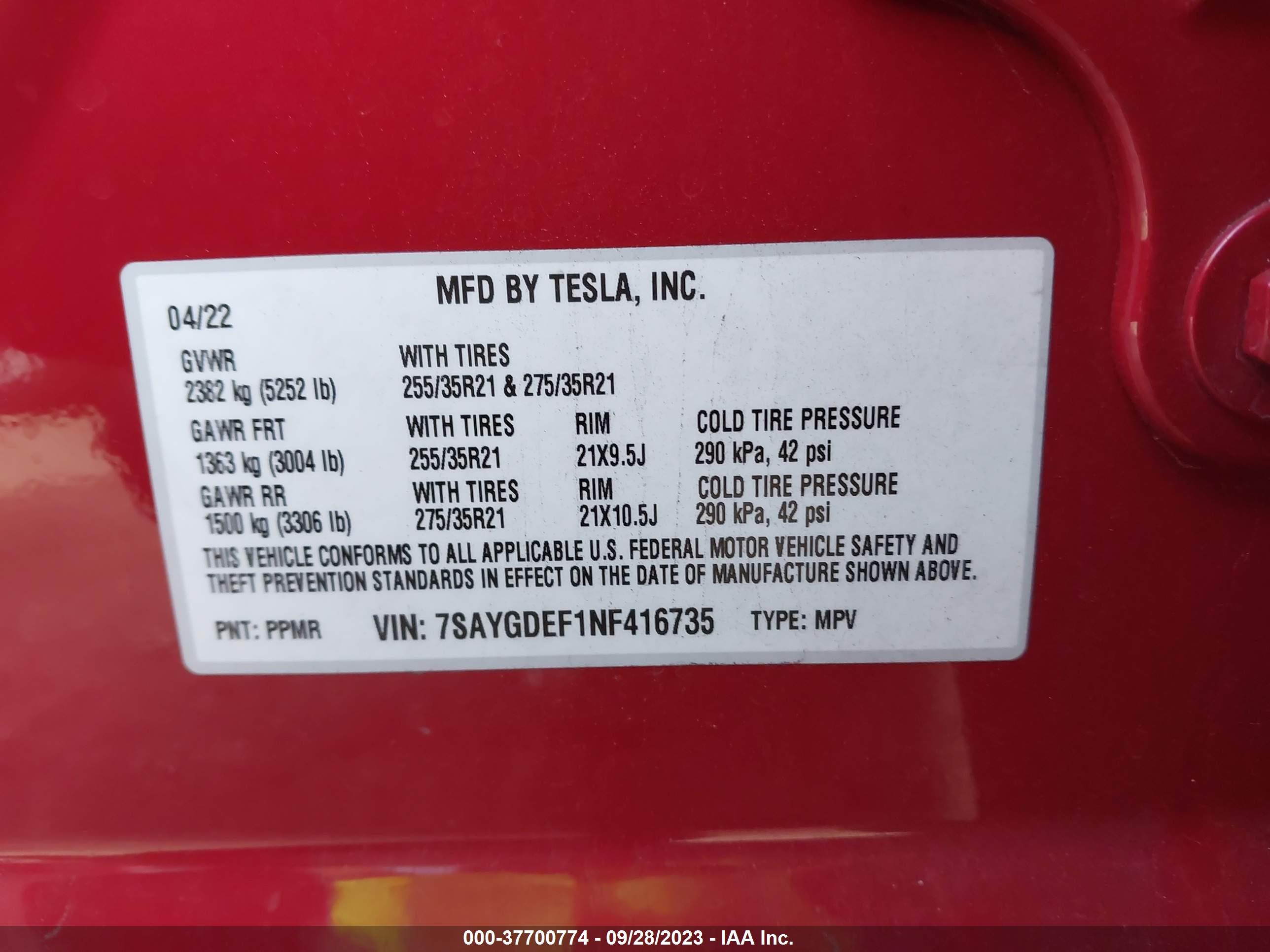 Photo 8 VIN: 7SAYGDEF1NF416735 - TESLA MODEL Y 