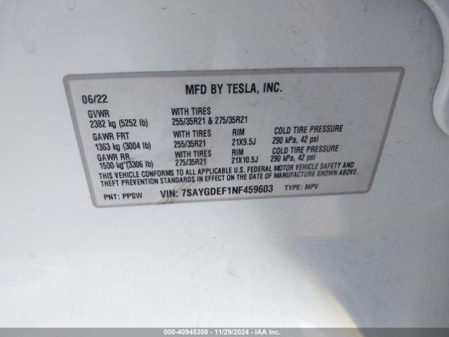 Photo 8 VIN: 7SAYGDEF1NF459603 - TESLA MODEL Y 