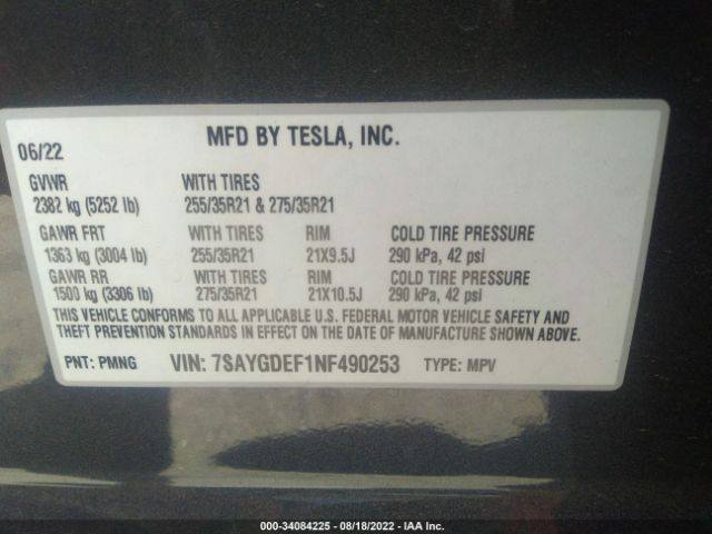 Photo 8 VIN: 7SAYGDEF1NF490253 - TESLA MODEL Y 