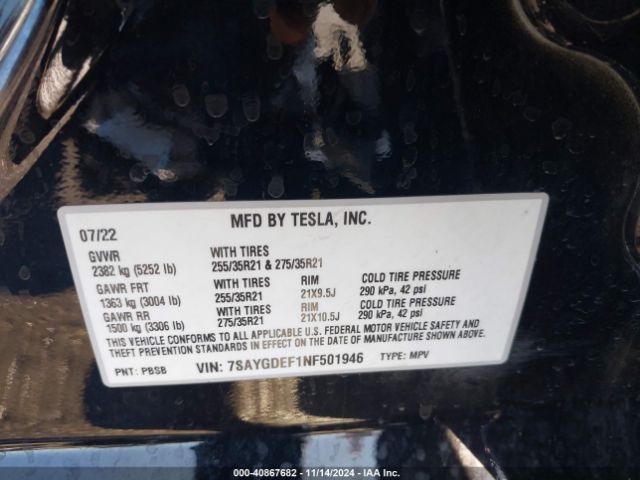 Photo 8 VIN: 7SAYGDEF1NF501946 - TESLA MODEL Y 