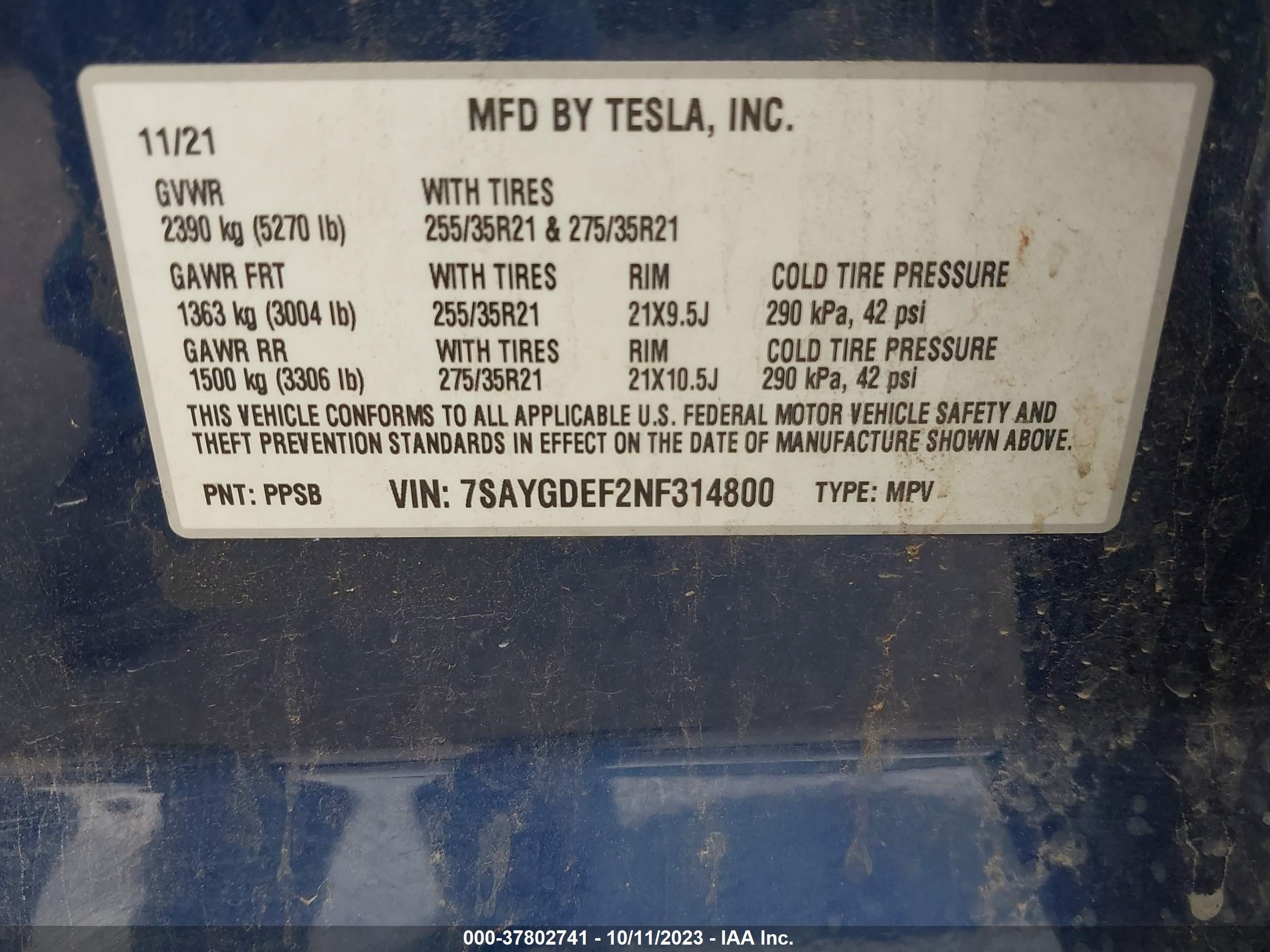 Photo 7 VIN: 7SAYGDEF2NF314800 - TESLA MODEL Y 