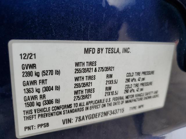 Photo 11 VIN: 7SAYGDEF2NF343715 - TESLA MODEL Y 