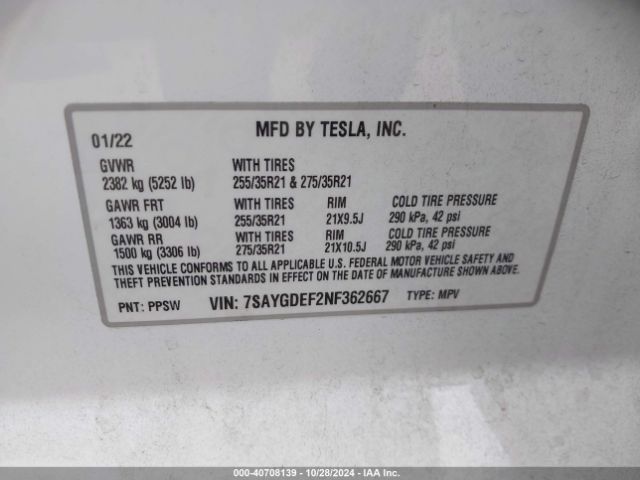 Photo 8 VIN: 7SAYGDEF2NF362667 - TESLA MODEL Y 