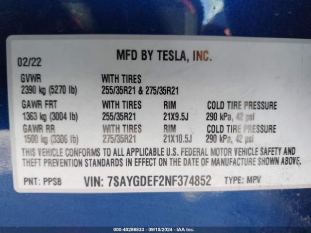 Photo 8 VIN: 7SAYGDEF2NF374852 - TESLA MODEL Y 