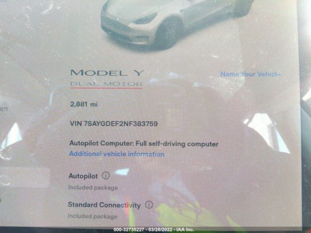 Photo 6 VIN: 7SAYGDEF2NF383759 - TESLA MODEL Y 