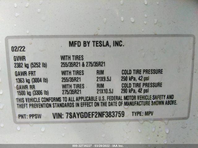 Photo 8 VIN: 7SAYGDEF2NF383759 - TESLA MODEL Y 