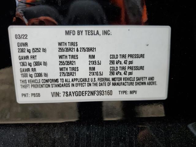 Photo 12 VIN: 7SAYGDEF2NF393160 - TESLA MODEL Y 