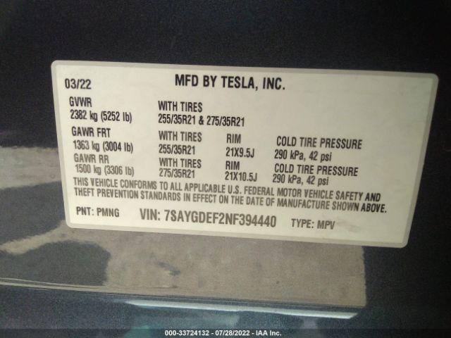 Photo 8 VIN: 7SAYGDEF2NF394440 - TESLA MODEL Y 